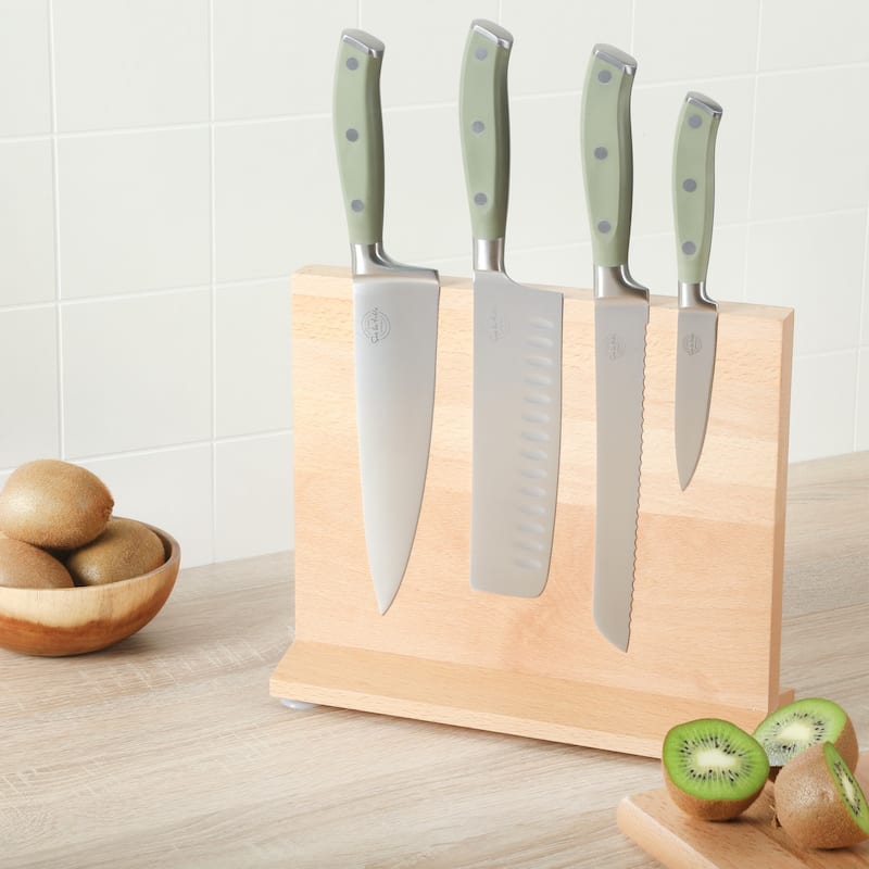 Sur La Table Kitchen Essentials 5 Piece German Steel Blade With Triple Riveted Handle Set on Beechwood Magentic Block