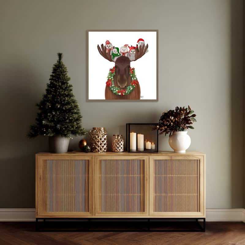 Christmas Moose and Christmas Owls Forward by Fab Funky (22 x 22 in.), Framed Canvas Wall Art Print - Sylvie Dark Gold