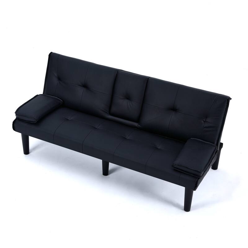 The 67-inch black PVC multi-functional sofa bed with a foldable and cup holder design