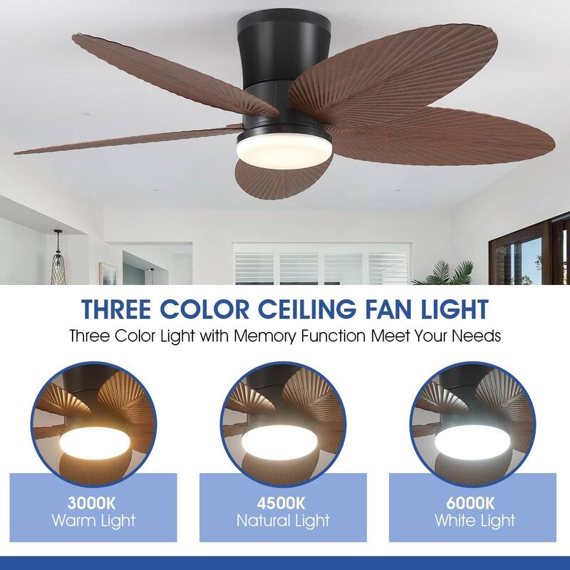 42 Inches Flush Mount Ceiling Fan with Light and Palm Leaf ,3CCT Dimmable LED Integrated,for Indoor and Outdoor - 42 Inches