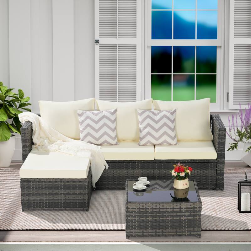 Wicker Conversation Set with Ottoman and Detachable Lounger, 2 Pieces Sectional Sleeper Couches for Backyard Poolside