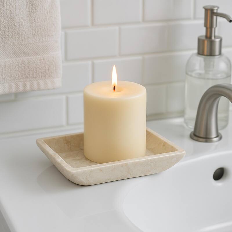 Creative Home Champagne Marble 6-1/4" x 4-3/4" Boat Shaped Candle Holder Plate with Glossy Finish