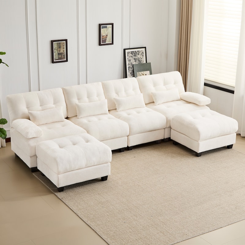 GDFStudio - 4-Seater Adjustable Backrest 119" Chenille Sofa with 2 Ottomans and 4 Throw Pillows