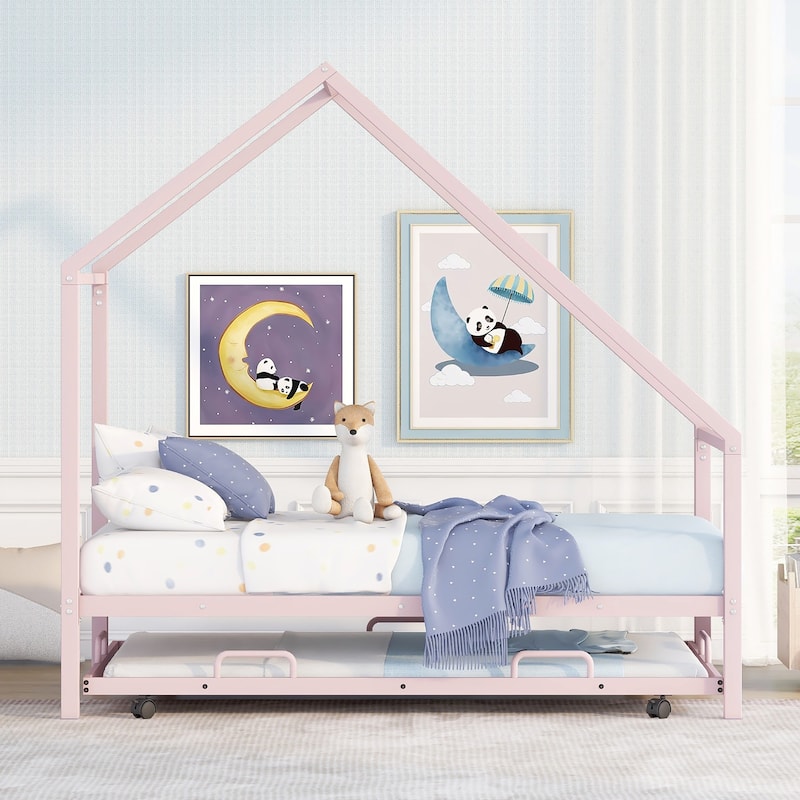 Kids Twin House Bed with Pull-Out Trundle, Metal Frame, Easy Assembly