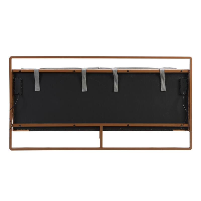 Roomfitters Faux Leather Platform Bed Frame with Integrated Reading Lamps and Wood Slats, Brown and Grey