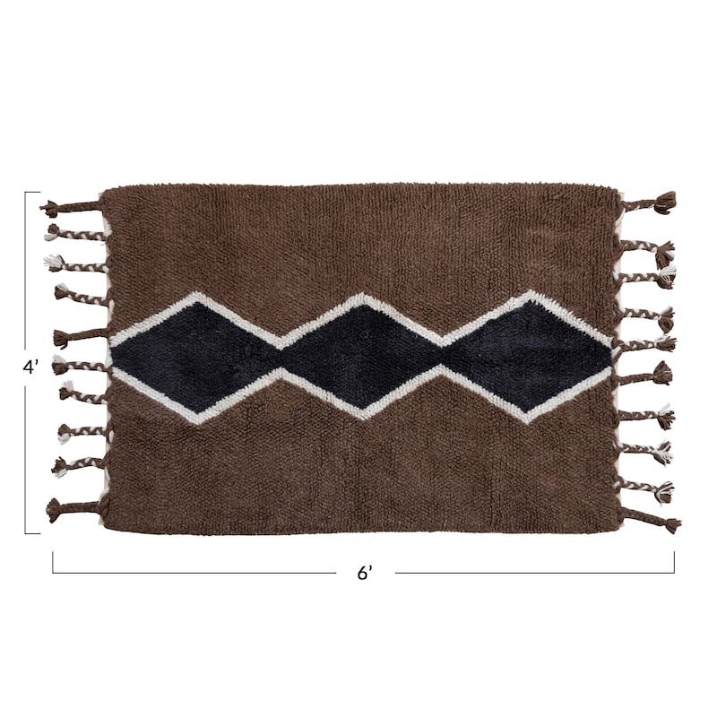 Cotton and Wool Blend Rug with Pattern and Braided Tassels - 72.0"L x 48.0"W x 0.5"H - 72.0"L x 48.0"W x 0.5"H