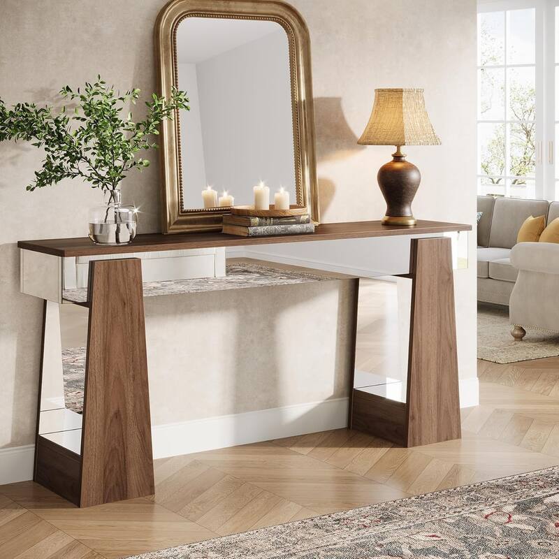 63 Inches Brown Wood Mirrored Console Table with Heavy-Duty Legs, Entryway Table for Hallway