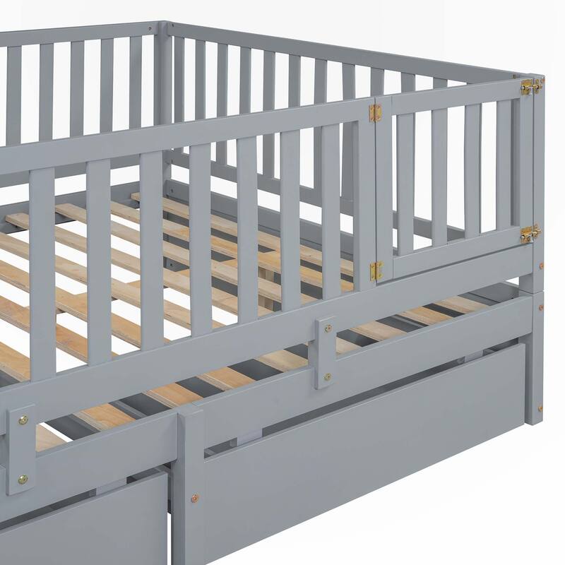 Full Size Wood Daybed with Fence Guardrails and 2 Drawers