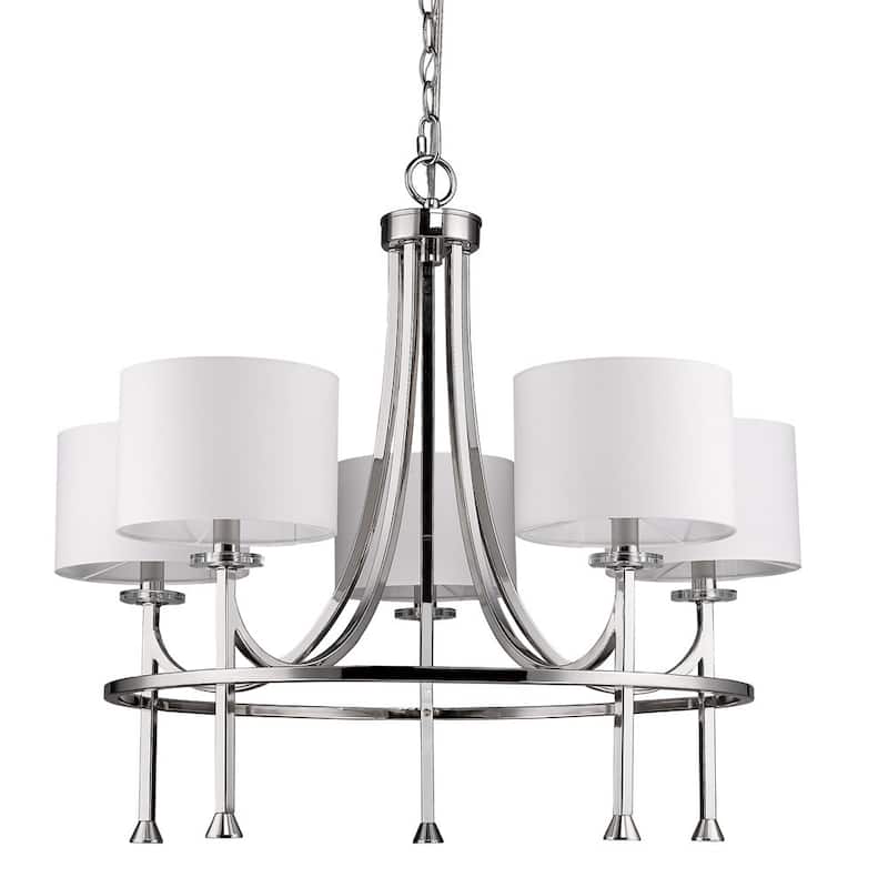 HomeRoots Silver Candle Style Five Light Metal and Crystals Dimmable Chandelier With White Shades - 28' X '24.5' X '28