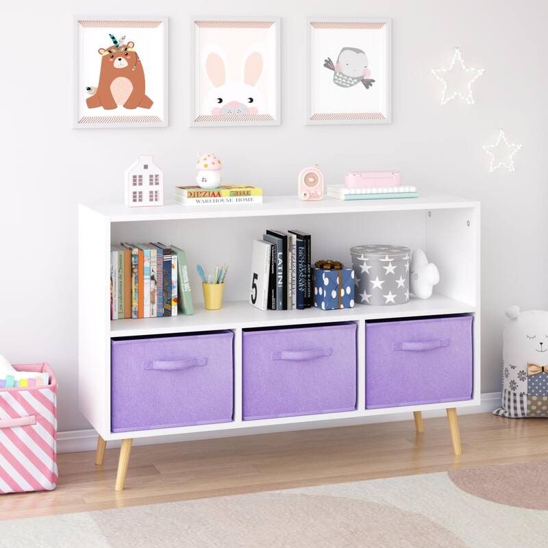 Kids Bookcase With Collapsible Fabric Drawers, Children'S Book Display, Toy Storage Cabinet Organizer,White/Purple
