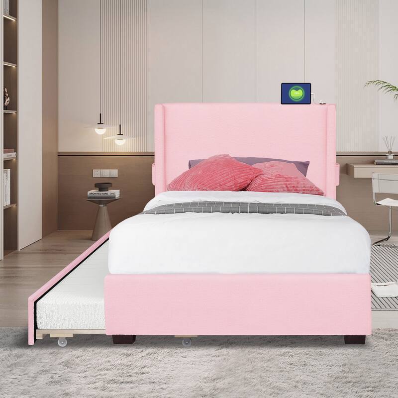 Twin SIZE UPHOLSTERED BED FRAME WITH TRUNDLE BED, TEDDY FABRIC, USB FUNCTIONALITY, AND A POCKET DESIGN ON THE SIDE