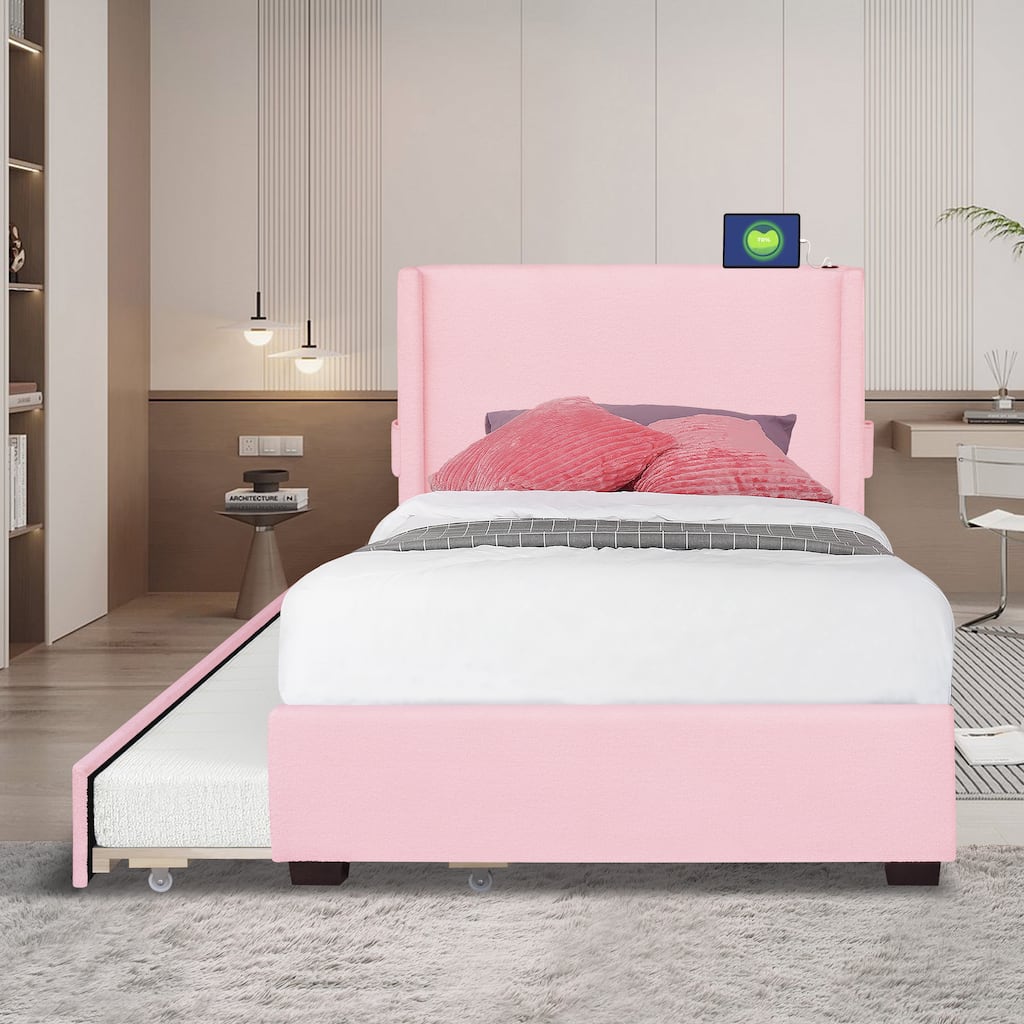 Twin SIZE UPHOLSTERED BED FRAME WITH TRUNDLE BED, TEDDY FABRIC, USB FUNCTIONALITY, AND A POCKET DESIGN ON THE SIDE