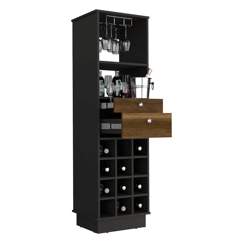 Classic Bar Cabinet, Two Drawers, Twelve Built-in Wine Rack-Black / Walnut