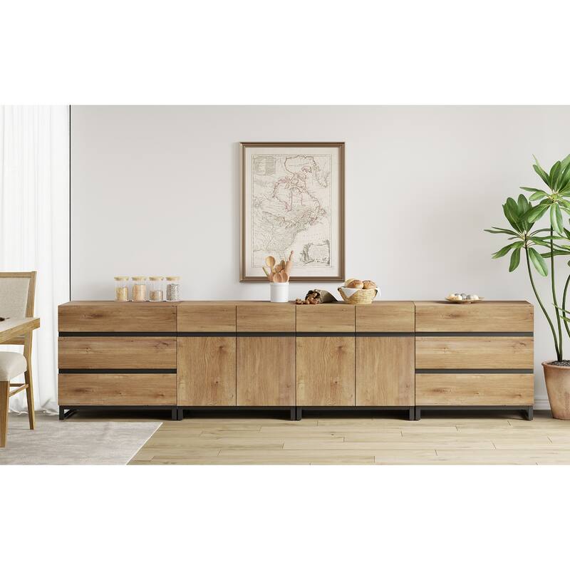WAMPAT 4 in 1 Multifunctional Sideboard Buffet Cabinets, Modern Sideboard with 6 Drawers and Adjustable Shelves - 4 piece - Oak