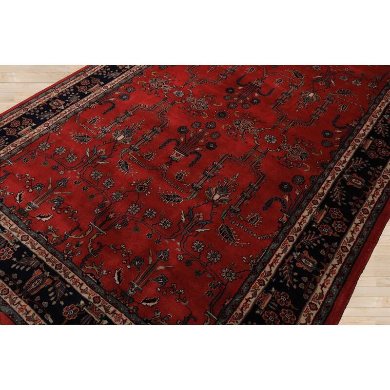 6'2''x9'1'' Hand Knotted Wool Burgundy Sarouk 200 KPSI Plush Pile Rug - 6' 2'' x 9' 1''