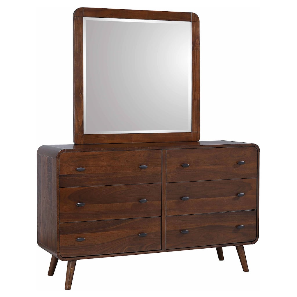 Ryb Wide Dresser with Mirror, 6 Drawers, Dark Walnut Brown Wood Frame