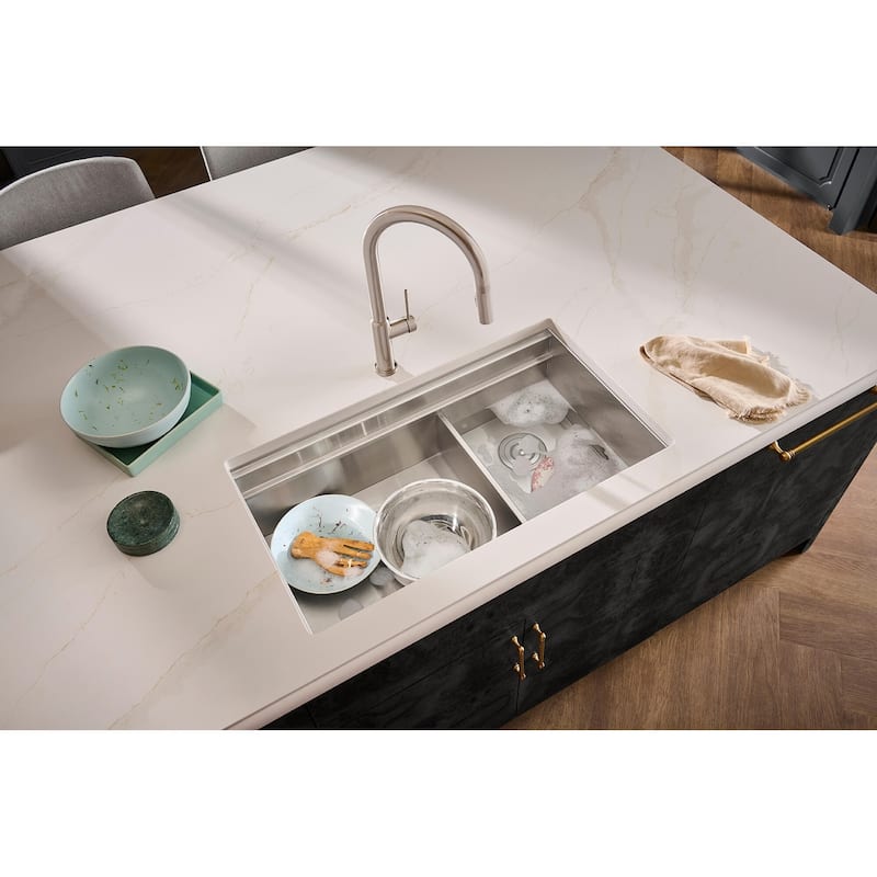 Ruvati 33-inch Workstation Dual Tier Double Bowl Low Divide Undermount 16 Gauge Stainless Steel Kitchen Sink - 33" x 19″