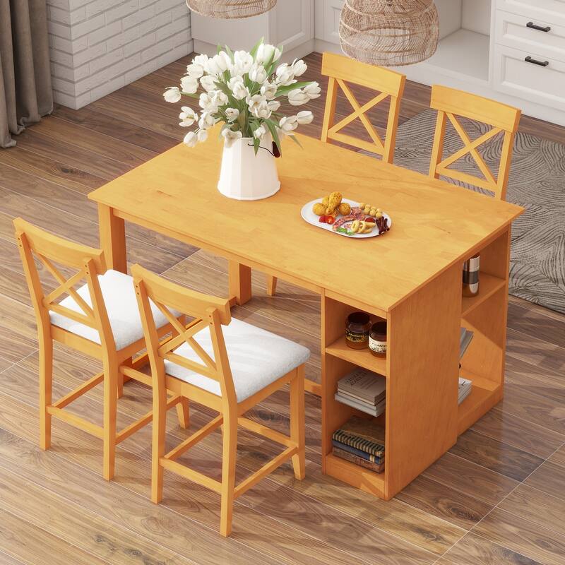 60"x30" Solid Wood Farmhouse 5-Piece Dining Set with Storage Shelves & Counter-Height Table, 4 Upholstered Chairs
