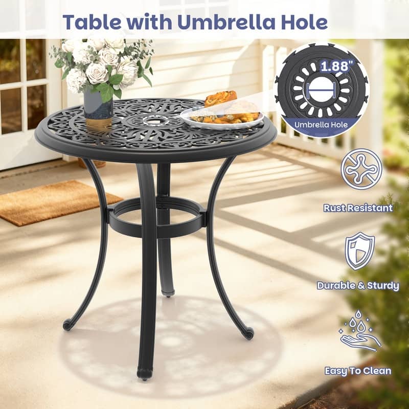 26.77 inch Black Round Cast Aluminum Patio Table with Umbrella Hole & Retro Design