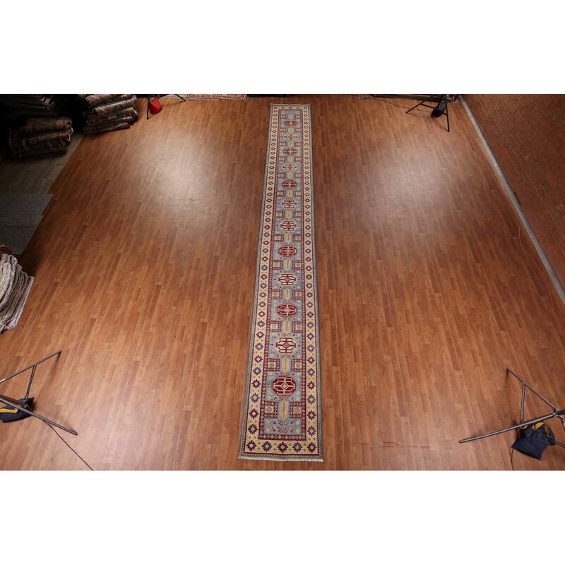 Blue Kazak Oriental Runner Rug Handmade Wool Carpet - 2'7" x 20'6"