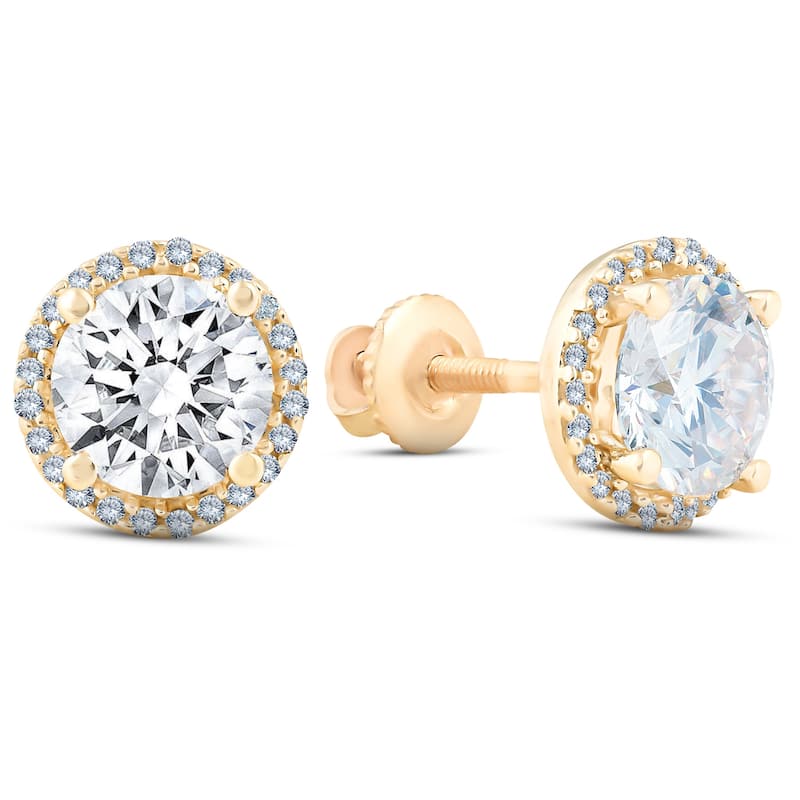 2 1/5 Ct Diamond Halo Screw Back Studs Yellow Gold Moissanite