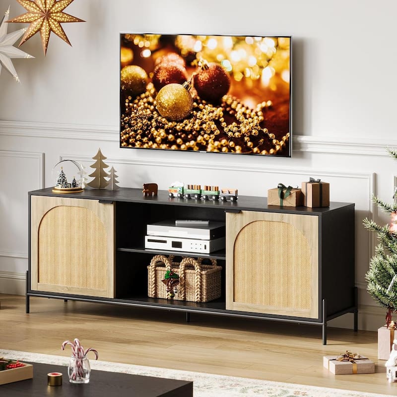 Modern Rattan TV Stand for Living Room, Bedroom, TV Console with Adjustable Shelf for 75 Inch TV - N/A