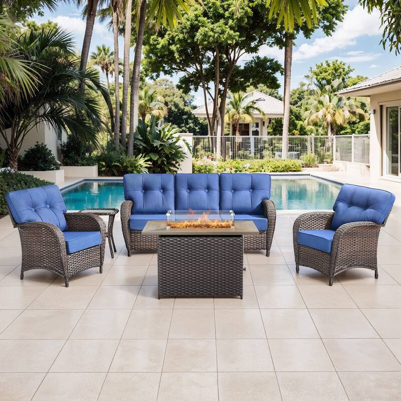 Gymojoy 5-Piece Outdoor Wicker Patio Furniture Sofa Set with 55,000 BTU Fire Pit Table, Thick Cushions - Brown Wicker / Blue Cusion - 5-Piece