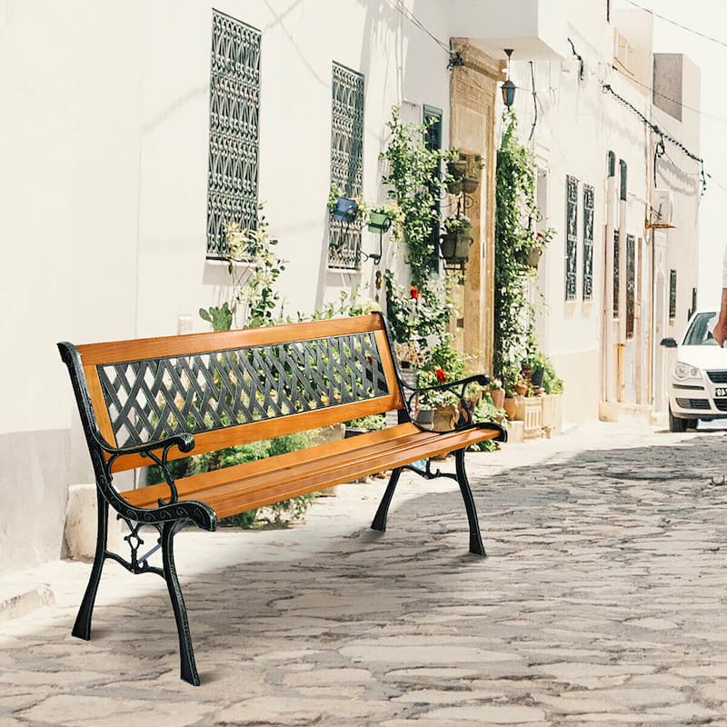 Patio Bench Outdoor Furniture Iron Hardwood Frame Porch Loveseat
