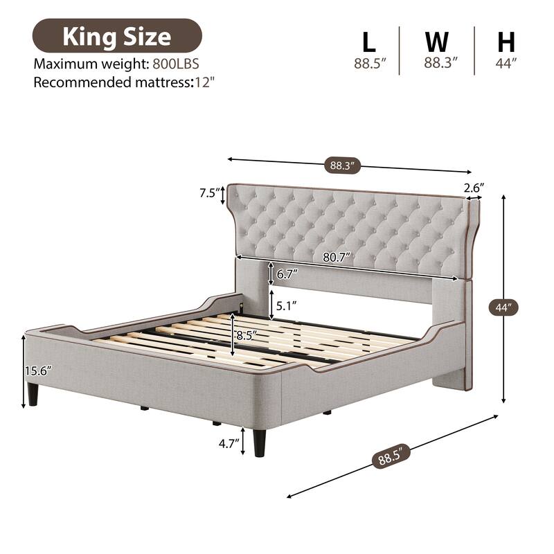 Christopher Knight Home - Aveline Modern Upholstered Platform Bed with Curved Back Headboard and Button Tufted Design