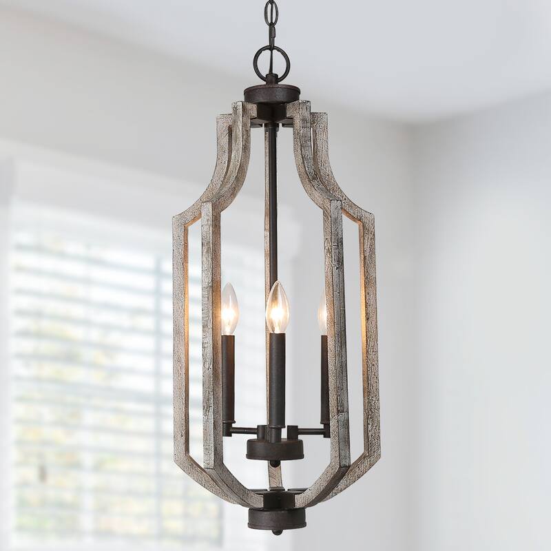 Farmhouse 3-Light Distressed Wood Lantern Pendant Island Lights for Dining Room - D12.7"x H 27.5"