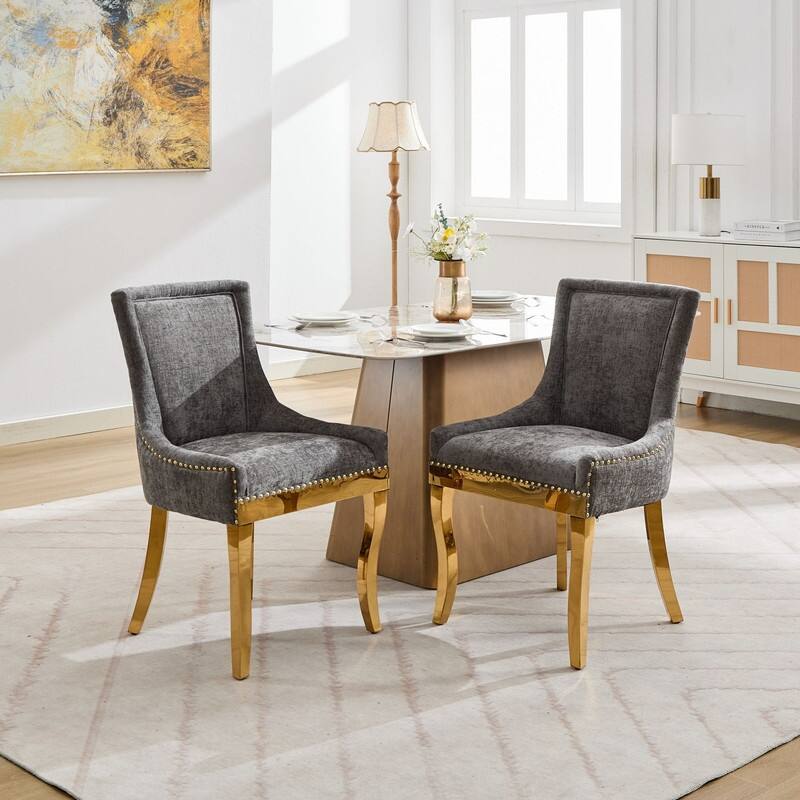 Luxe Curved Accent Dining Chairs with Gold-Plated Legs & Textured Chenille Upholstery, Set of 2