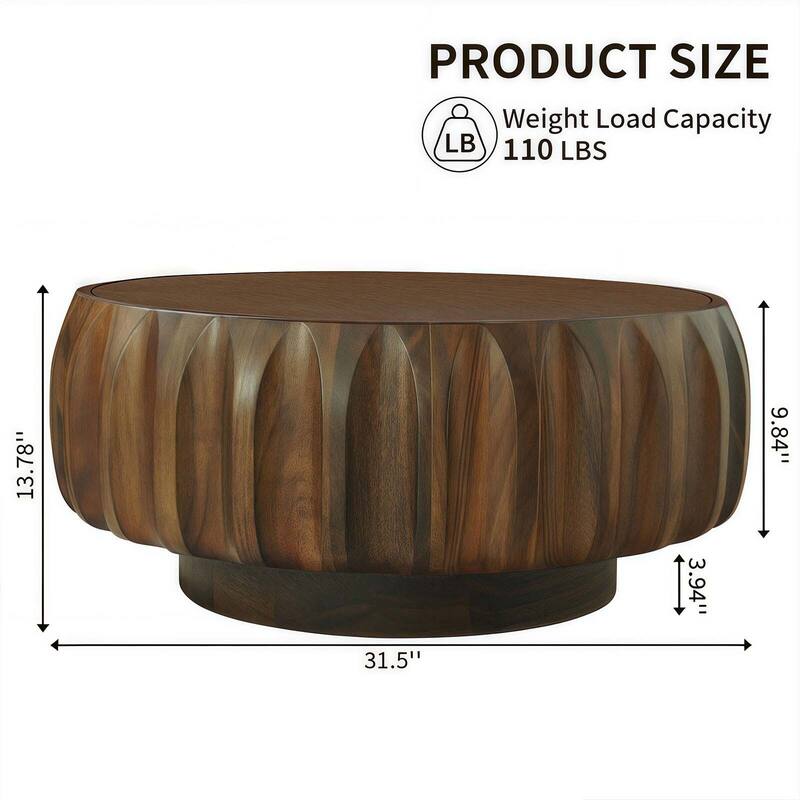 Round Coffee Table, Drum Coffee Table Contemporary Wood Round Coffee Table with Fluted Centry Table