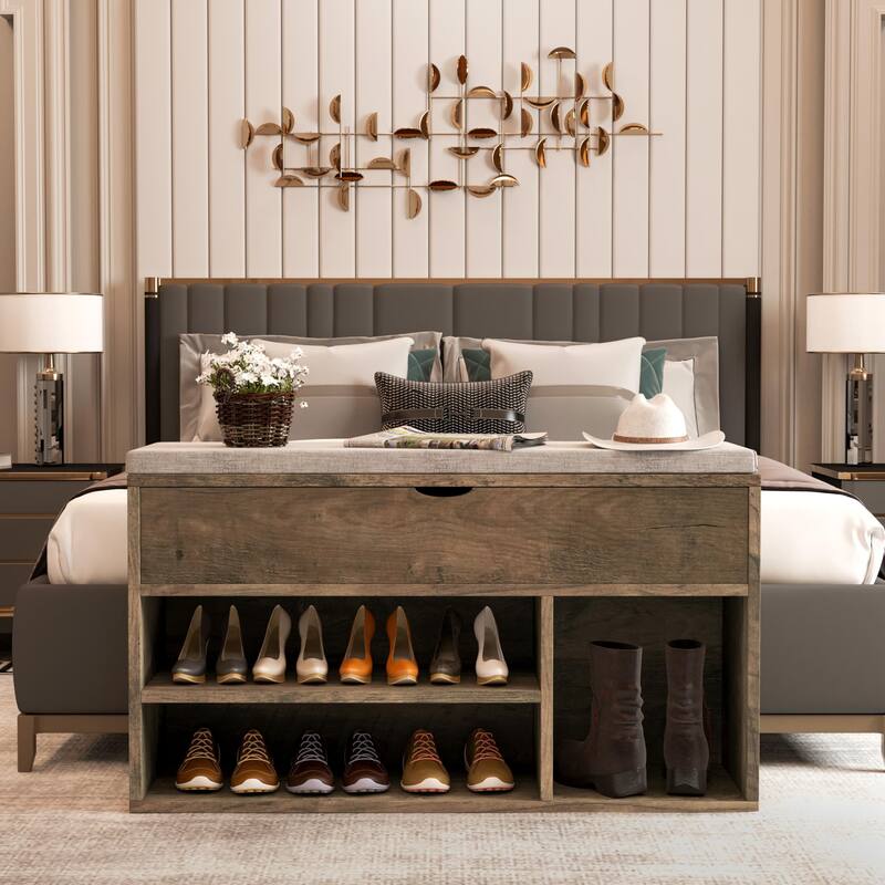 Shoe Storage Bench with a Cushioned Seat and 2 Tiers of Shelves