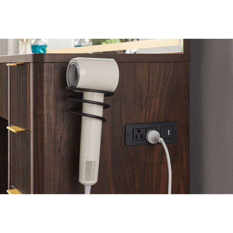 Modern Fluted Makeup Vanity Desk with Mirror, Lights, Charging Station