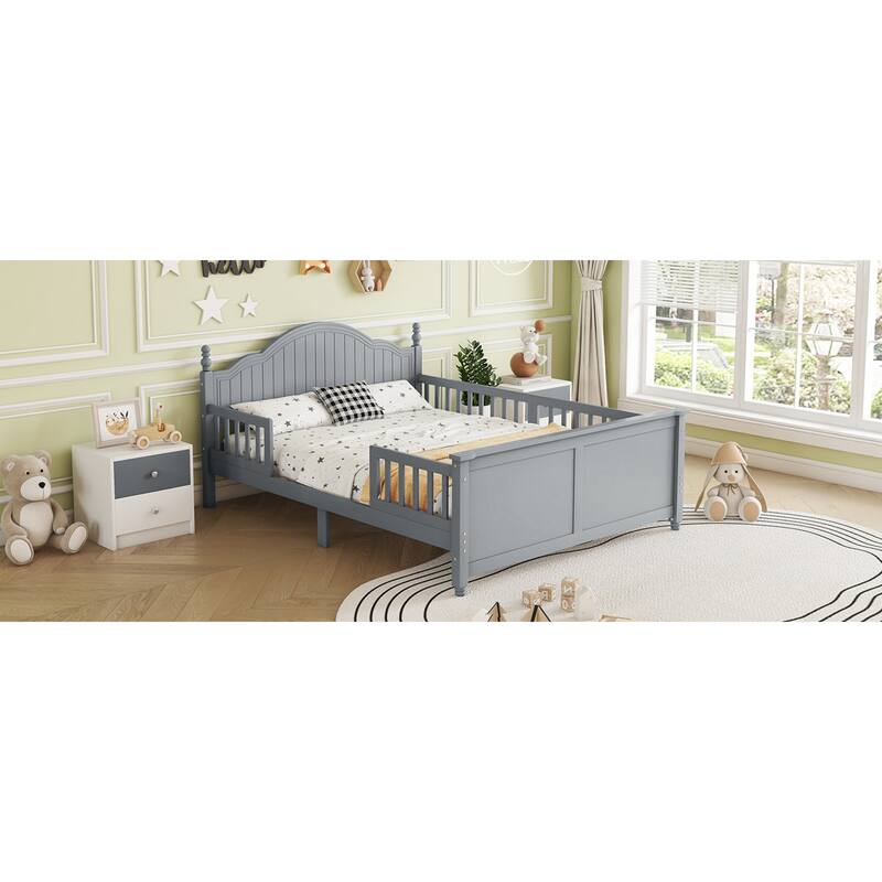 Roomfitters Twin/Full Platform Bed, Slatted Headboard and Removable Guardrails with Wooden Frame for Bedrooms or Guest Rooms