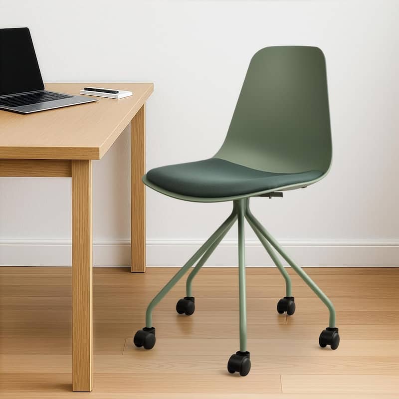 Set of 2 Ergonomic Office Armless Task Chairs with Wheels Plastic Fabric Padded Seat Curved Round Metal Wire Legs for Computer