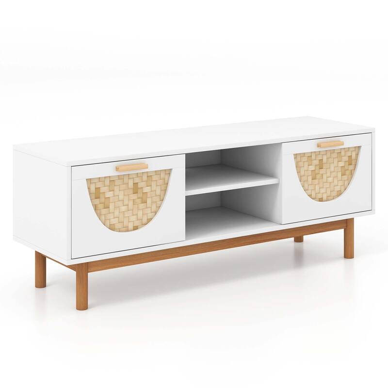 Modern TV Stand for TV up to 55" Media Console Table w/ Open Shelves - White & Natural
