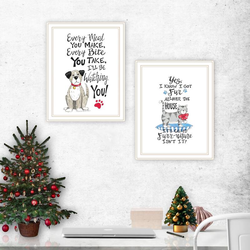 2-Piece Framed Wall Art Set - Humorous "It's Called Furr-niture, Isn't It?", White Frame