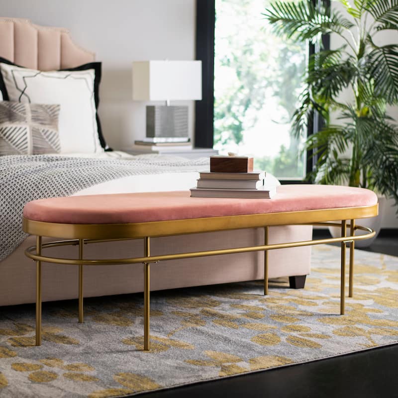SAFAVIEH Omie Oval Bench - 63" x 22" x 20" - 63Wx22Dx20H - Dusty Rose Velvet/Gold
