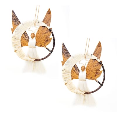 Banana Fiber Angel Swinging on Crescent Moon Ornaments, Set of 2