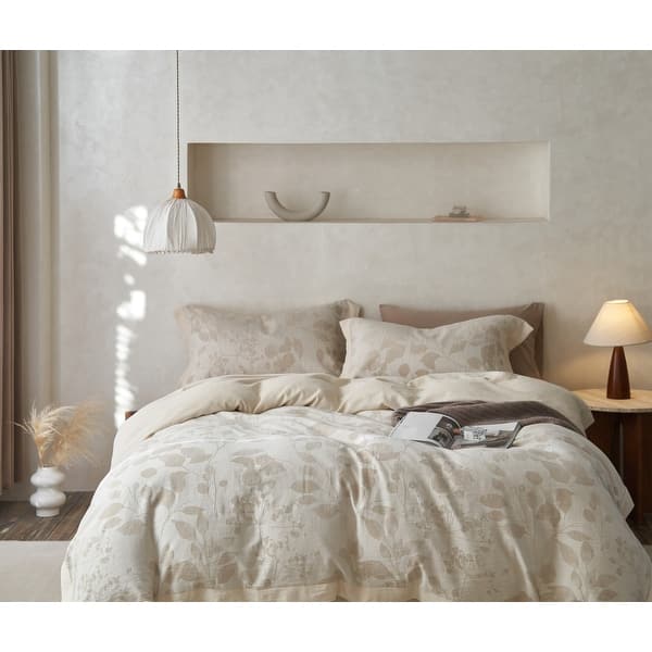 Luna Linen Jaquard Duvet Cover Set with Pillowcase -Top Grade & Natural - Queen - 3 Piece