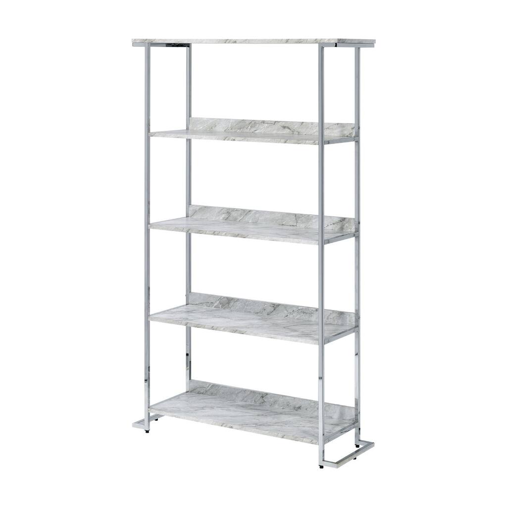 Bookcase with 5 Tier Design and Faux Marble Shelves, Silver
