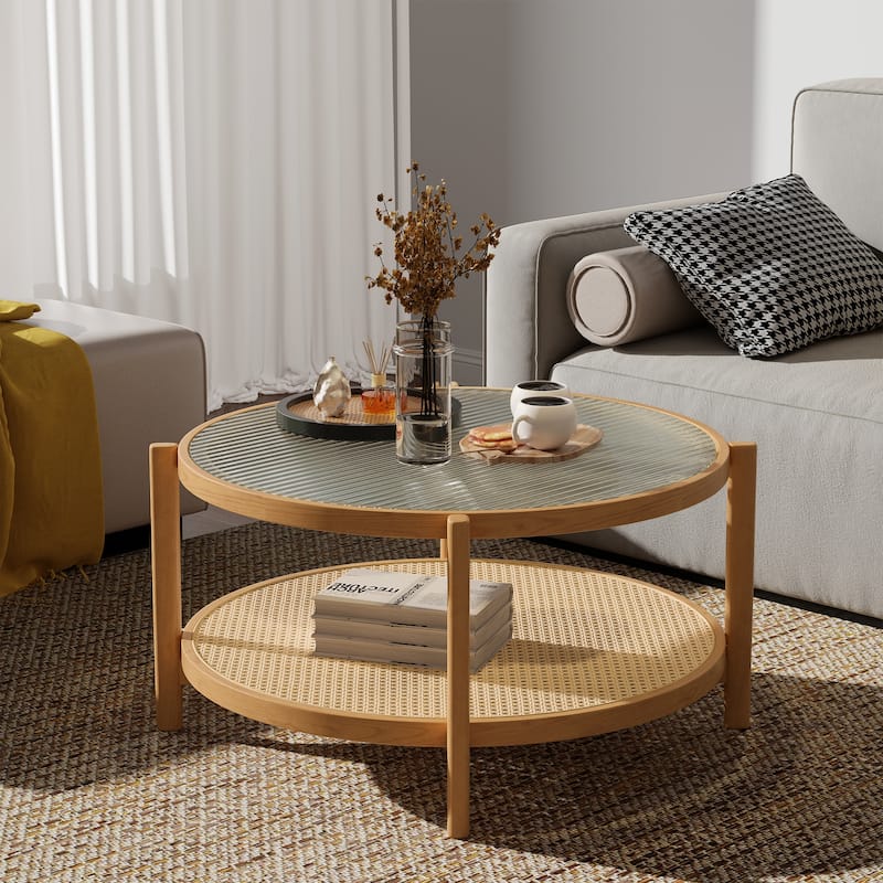 Modern Simple Double-layer Rattan Woven Solid Wood Coffee Table