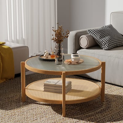 Modern Simple Double-layer Rattan Woven Solid Wood Coffee Table