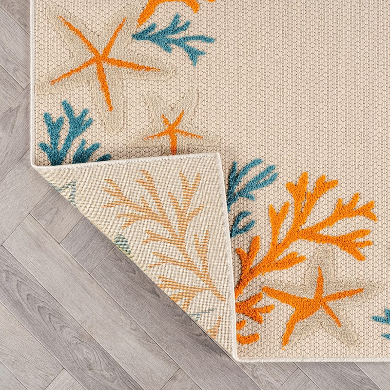 World Rug Gallery Indoor/Outdoor High-Low Textured Area Rug, Coastal Border Easy-Clean Patio Rug