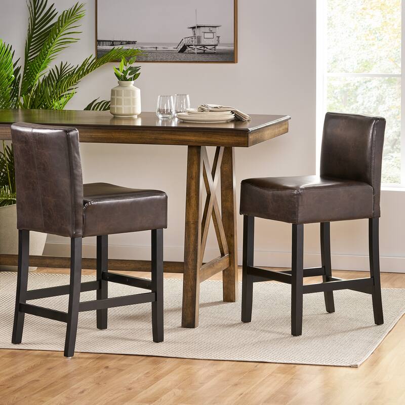 Leather Bar Chair Set of 2, Cafe Counter Stool with Back Upholstered Dining Chair, Solid Wood Legs, Kitchen Bar Furniture