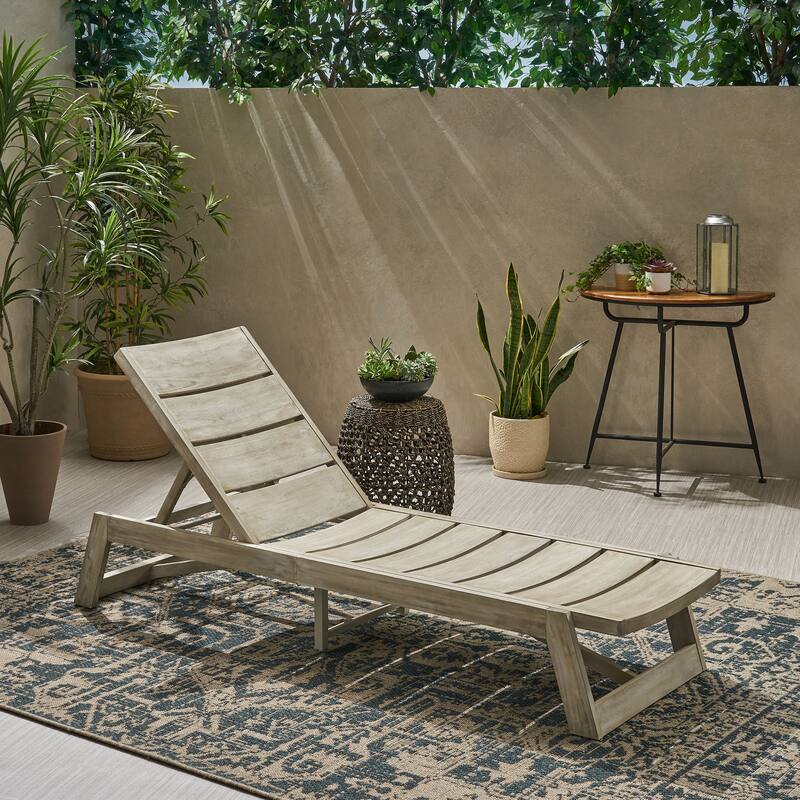 Acacia Wood Outdoor Chaise Lounge with Adjustable Backrest, Slat Design Single Chaise Patio Backyard Recliner Sun Lounger - Grey