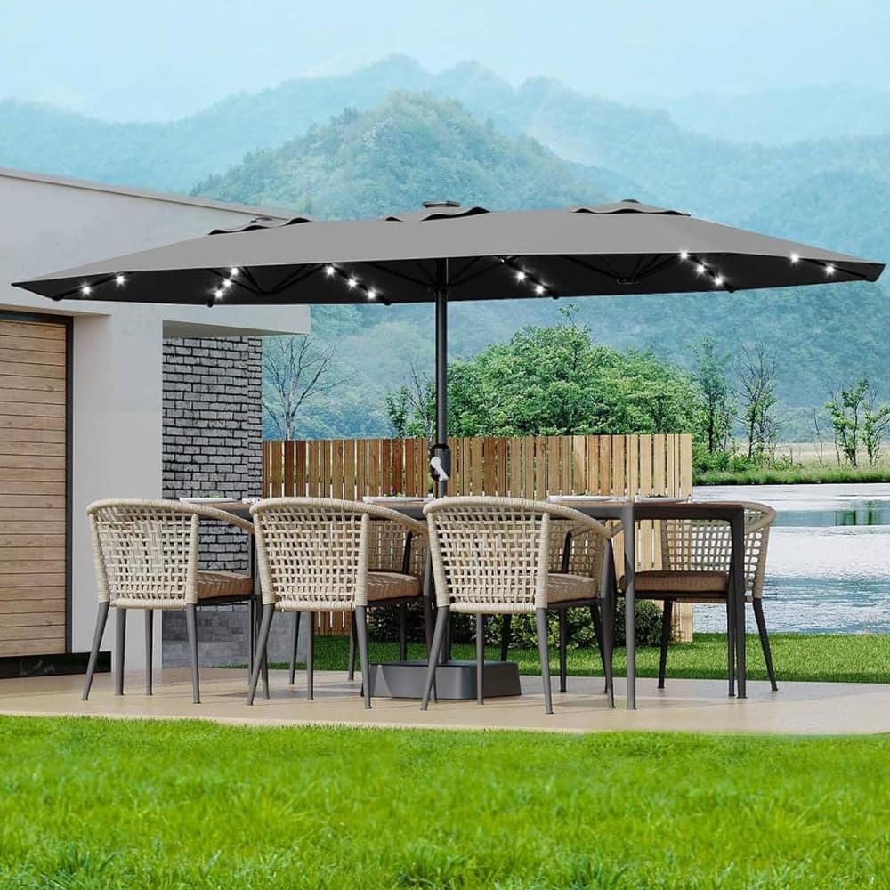 15FT Double-Sided Patio Umbrella with with LED and Base Included for Pool Lawn Garden