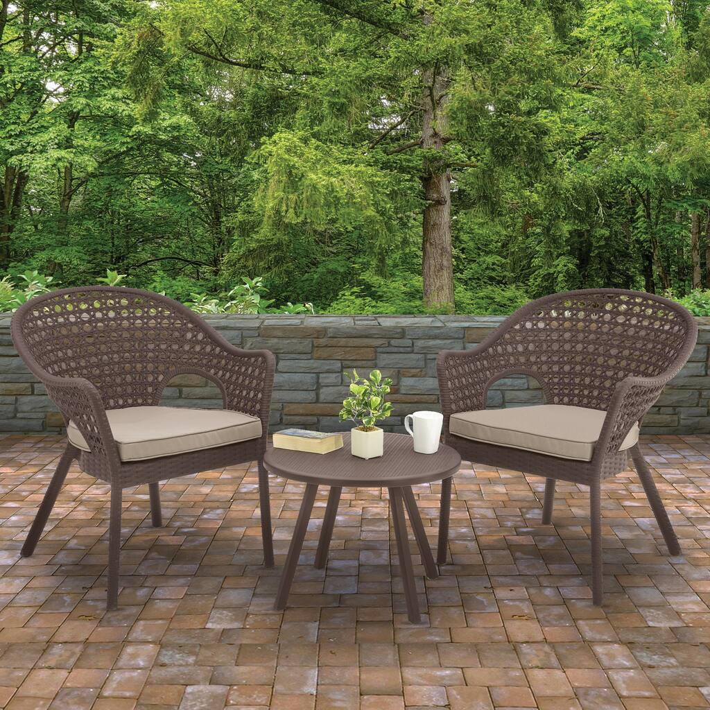 3-Piece Rattan Style All-Weather Chat Set, Coffee - N/A