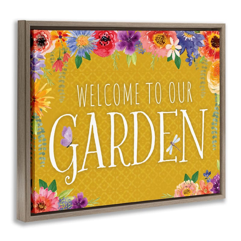 Stupell Garden Welcome with Floral Border Framed Floater Canvas Wall Art Design By Nicole DeCamp